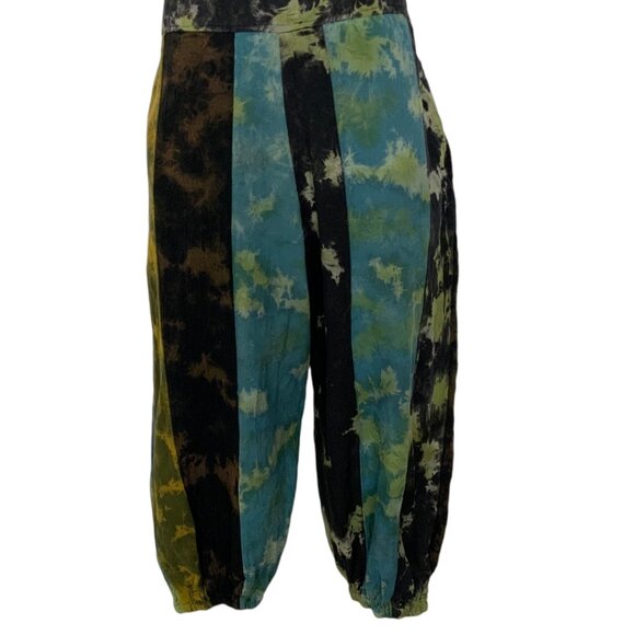 Patchwork Tie Dye Harem Overalls Jumpsuit L/XL Tie Back Pockets Bohemian - Picture 9 of 12